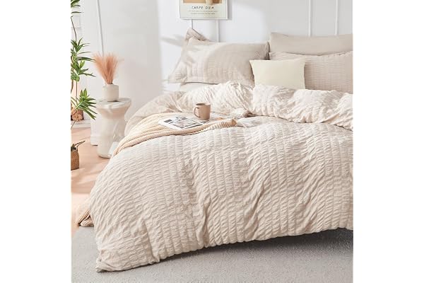 HYMOKEGE Beige Duvet Cover Queen Size, Ultra Soft 3-Piece Seersucker Duvet Cover Set with Zipper Closure, Soft Brushed Microf