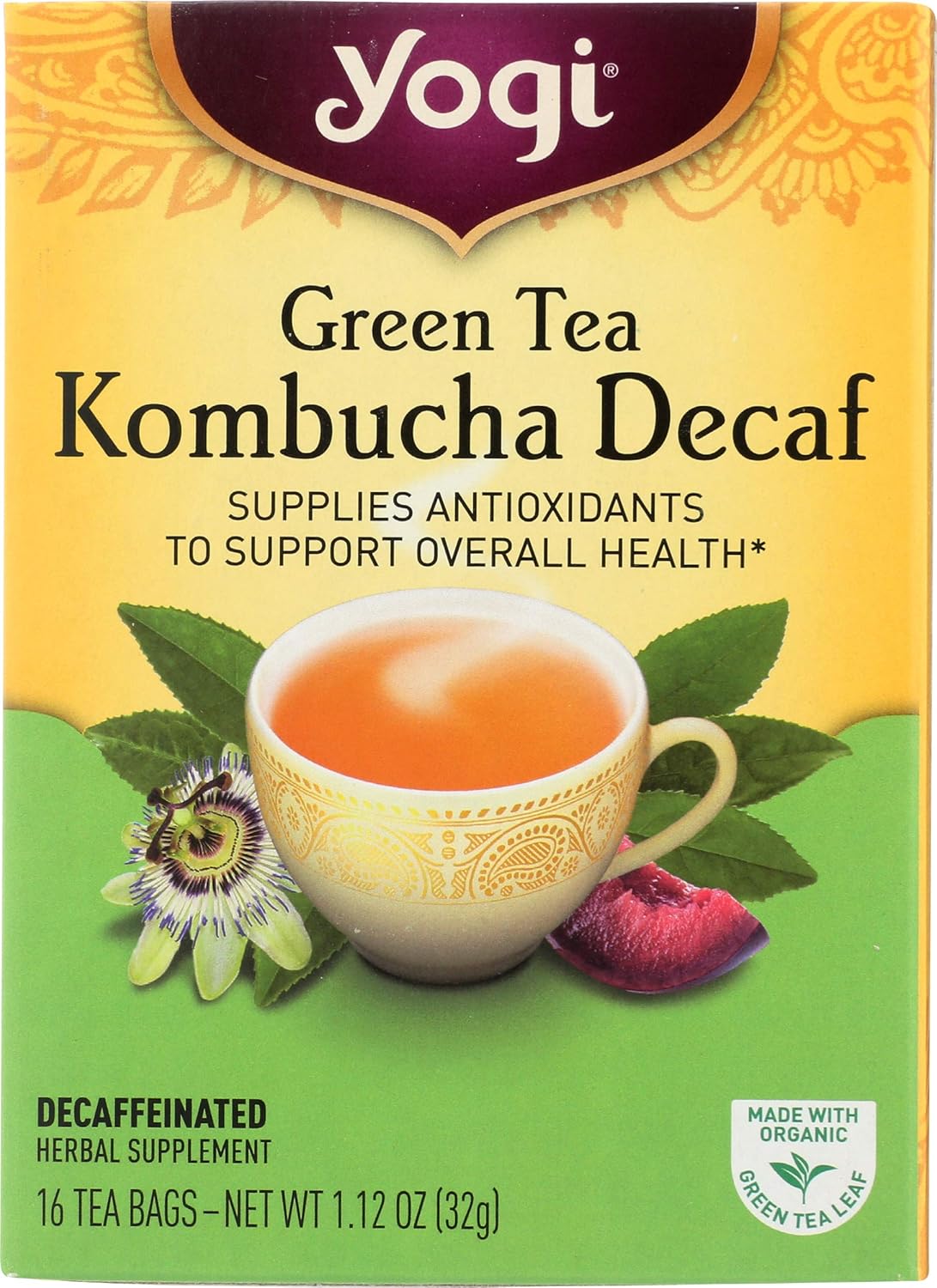 Yogi Tea Green Tea Kombucha Decaf, Herbal Supplement, Tea Bags, 16 ct