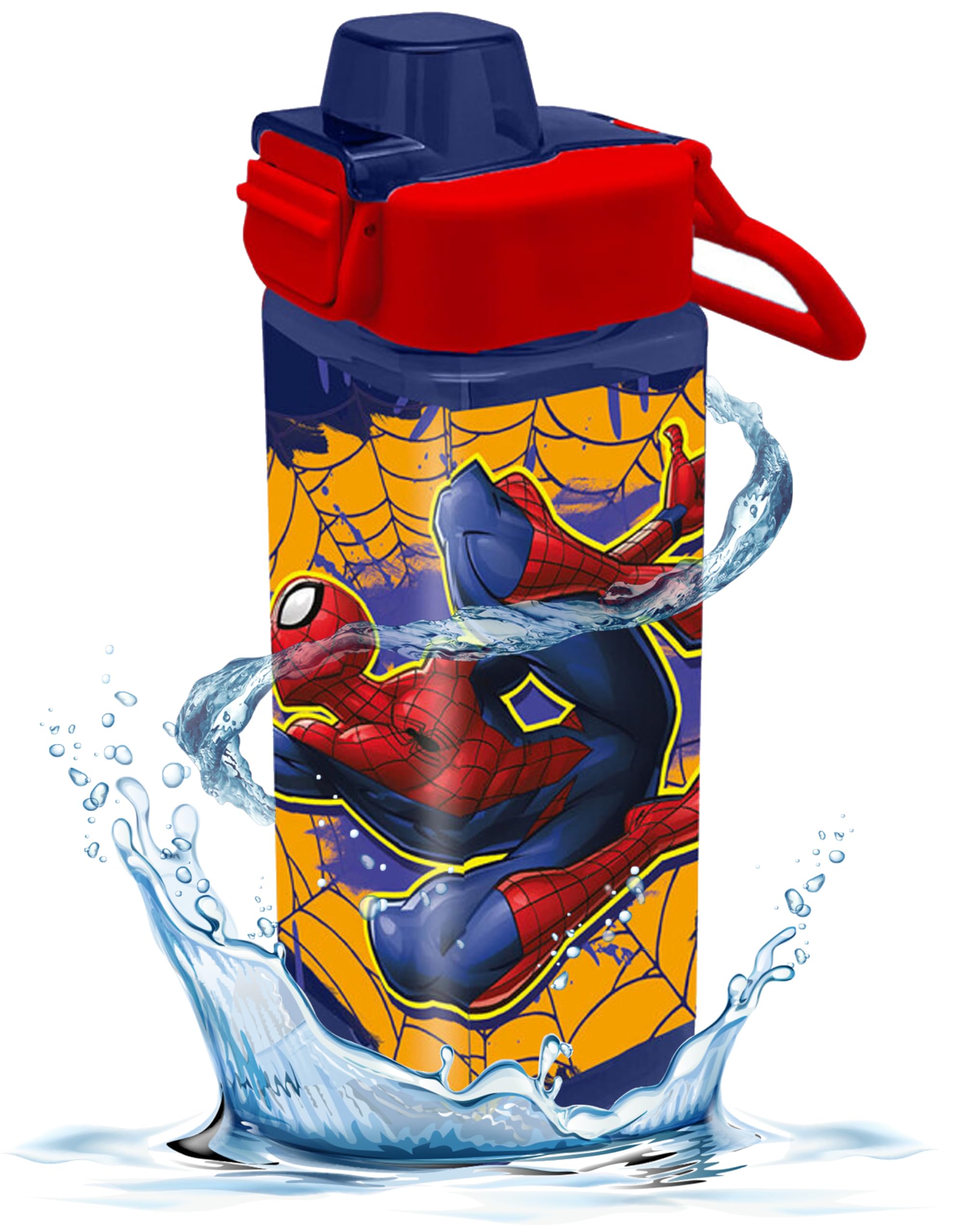 HOVUK Spiderman Kids 500ml Water Bottle - Back to School Boys Water Bottle with Locked Button, Square Plastic Bottles Gift for School Kids 3+Years, Blue & Red