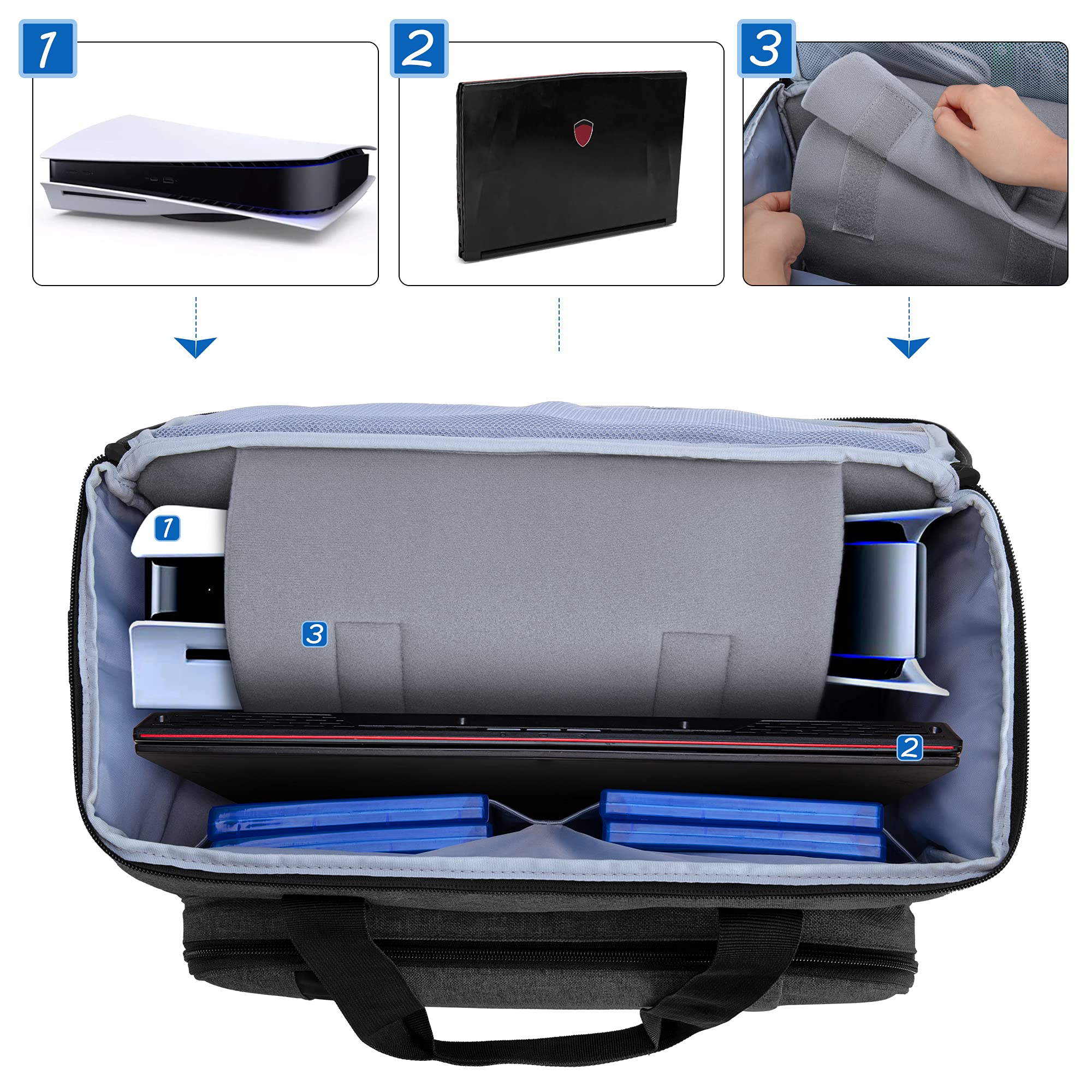 CURMIO Tragetasche für PS5, PS4, PS4 Pro, Xbox Series S, Xbox One and Xbox 360, Tragebare Aufbewahrungstasche für PlayStation Konsole, PS5 Reisetasche für Controller, Kabel (Leere Tasche), Schwarz 2