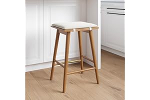 Nathan James Barker Counter Height Solid Wood Barstool with Upholstered Cushion, Backless Island Stool with Rubberwood Legs and Natural Textured Linen Upholstery for Kitchen, Brown/White