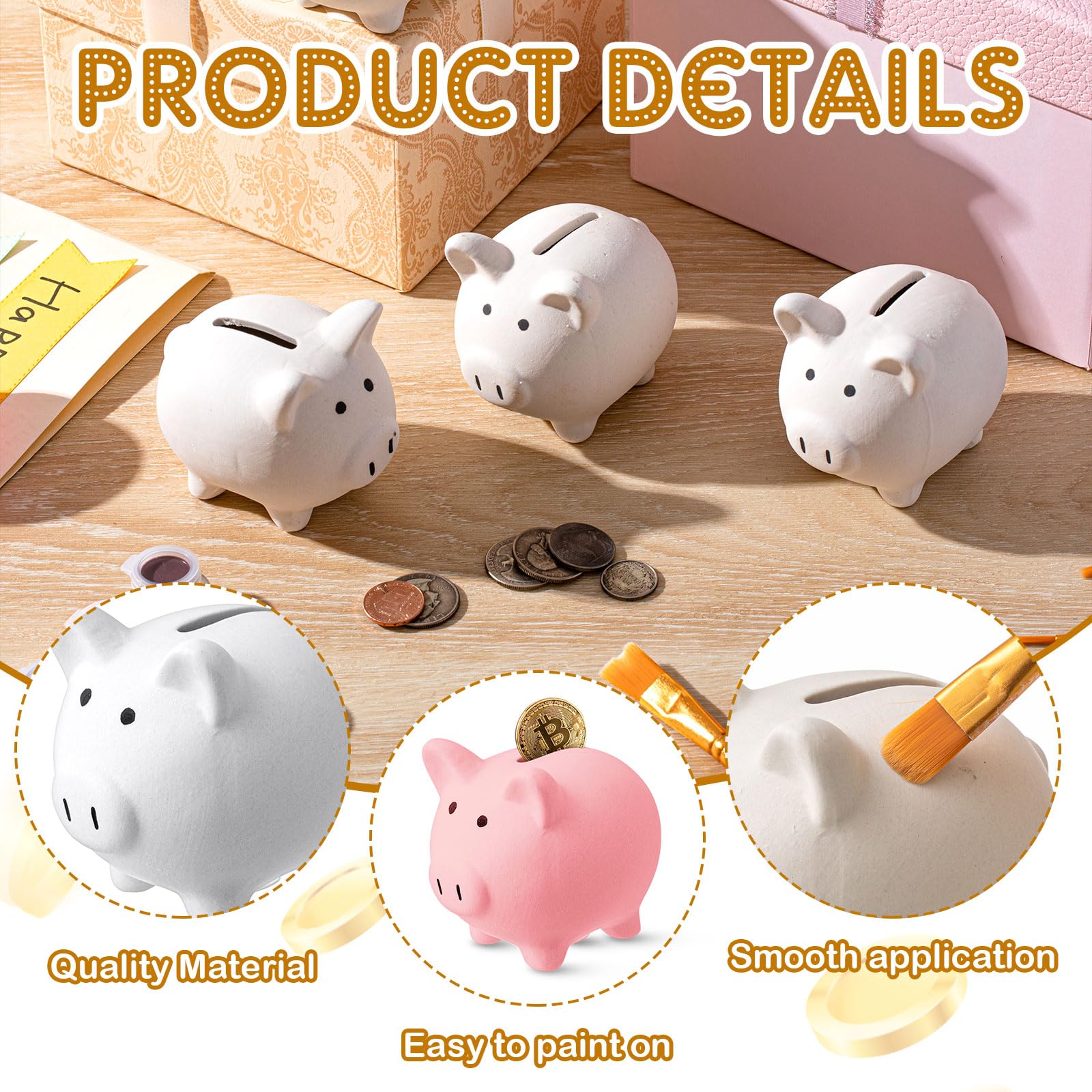 12 Pcs DIY Ceramic Piggy Banks Pig Piggy Coin Banks Unglazed White for Boys Girls with 2 Paint Strips 10 Brushes Money Birthday Festival Fun Home Activities Gift (3.1 x 2.6 x 2.7 Inches)
