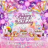 HJINGY 215 PCS Butterfly Birthday Decorations, Birthday Decorations for Girls with Butterfly Balloons, Butterfly Backdrop, Tablecloth, Banner, Cake Toppers, Butterfly Party Decorations Plates Napkins