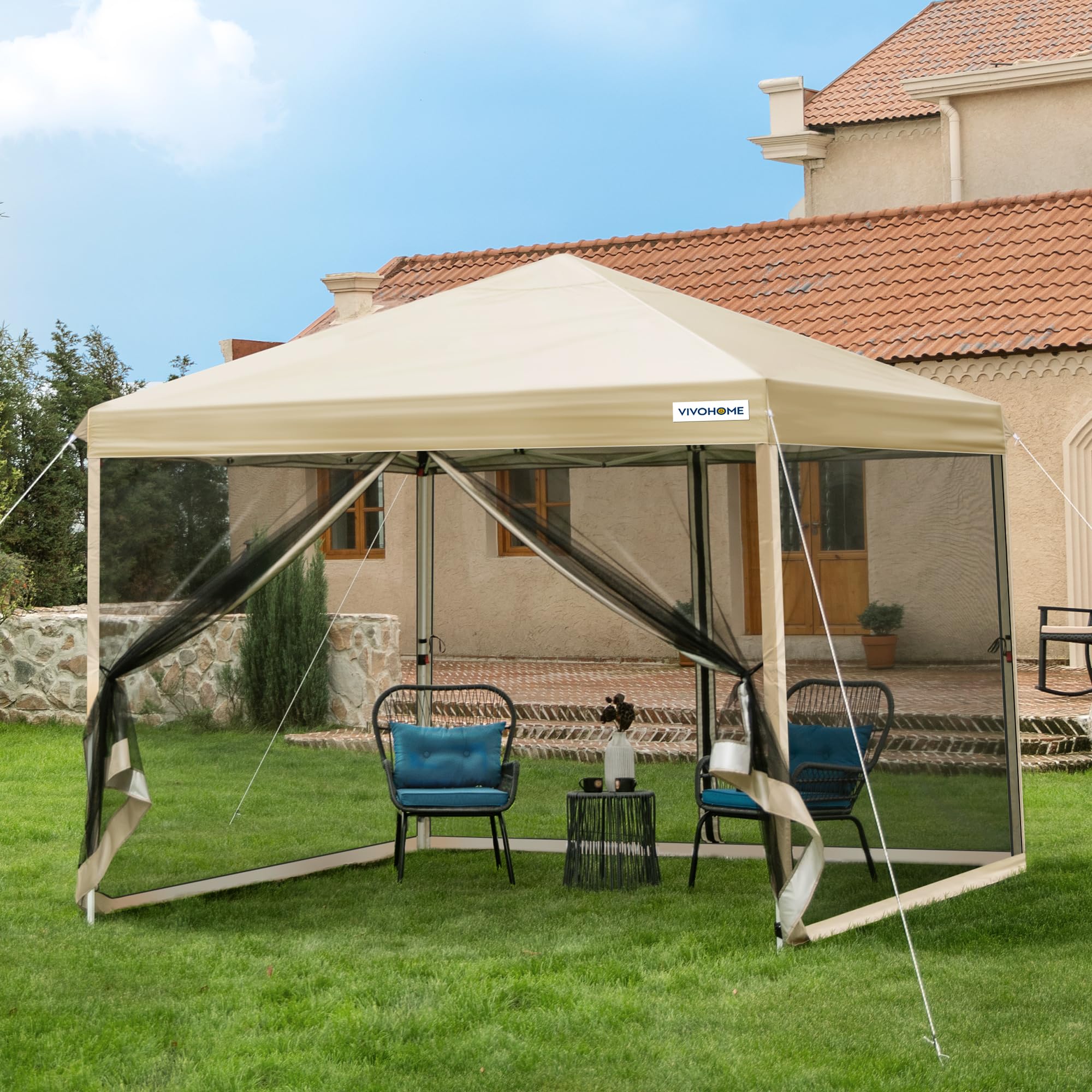 Photo 1 of  10x10ft Easy Pop-Up Canopy, Outdoor Screen Tent with Mosquito Netting, 2 Zipper Doors, and Roller Bag for Yard Camping Picnic Party Events, Beige