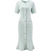 Hobemty Women's Tweed Dress Short Sleeve 2025 Elegant Wedding Cocktail Bodycon Midi Fishtail Dresses