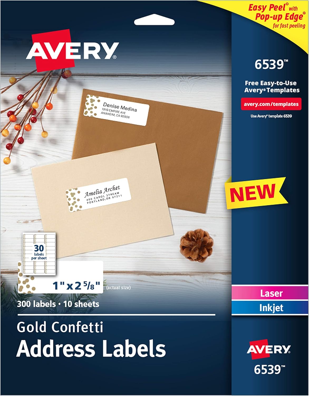 Avery Easy Peel Address Labels, 1" x 2-5/8", Gold Confetti Design, 300 Labels (6539) : Office Products