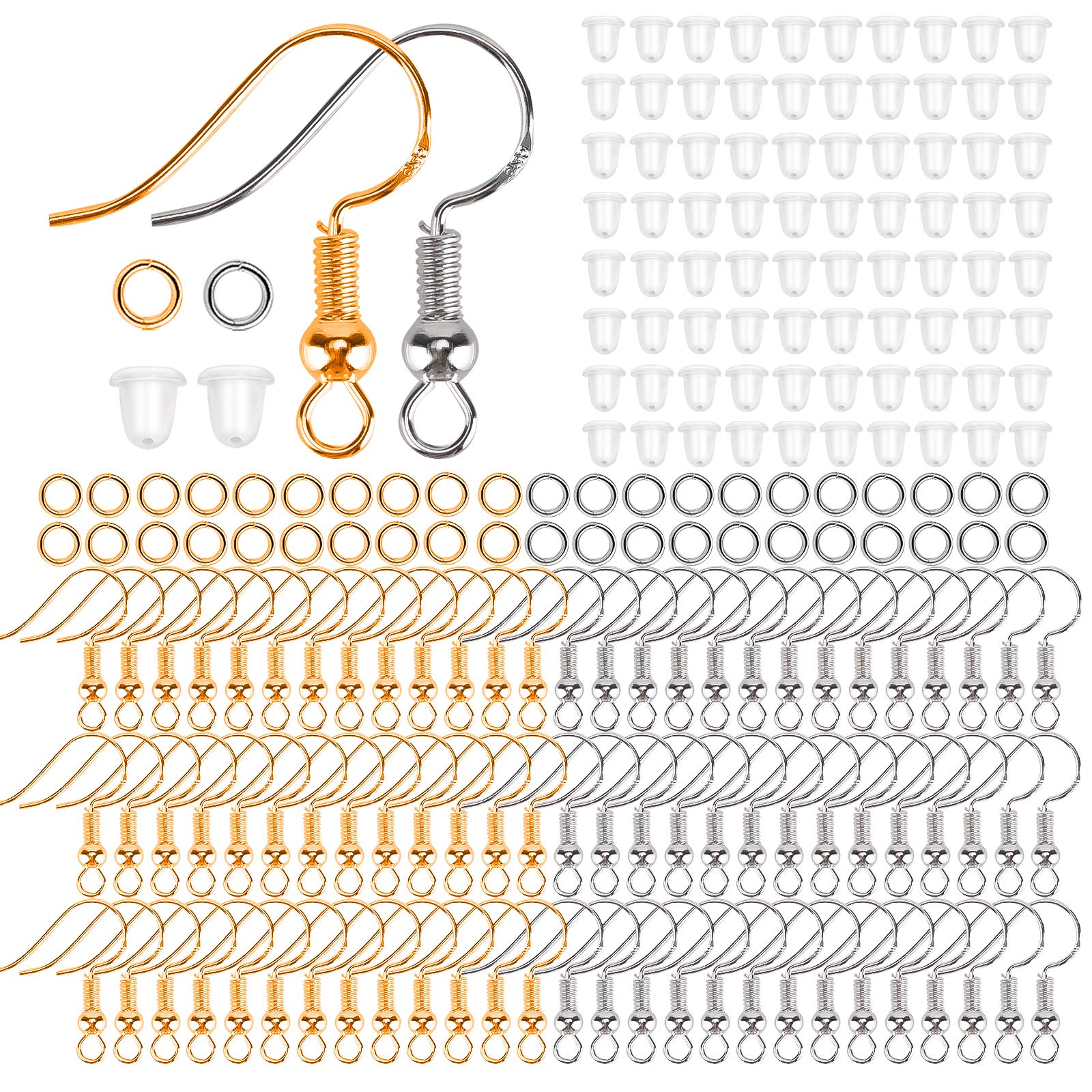AIEX 300 PCS Earrings Making Supplies Kit 925 Silver Plated Earring Hooks Hypoallergenic Ear Wire Hooks for DIY Earring Making with Clear Earring Safety Backs and Jump Rings (Silver and Gold)
