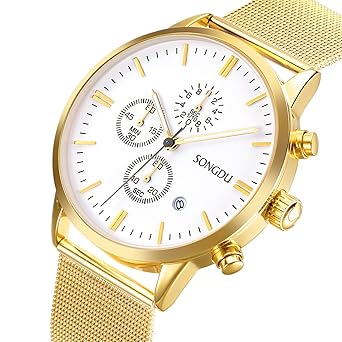SONGDU Mens White Big Face Chronograph Analogue Date Quartz Wrist Watch with Gold Milanese Mesh Strap