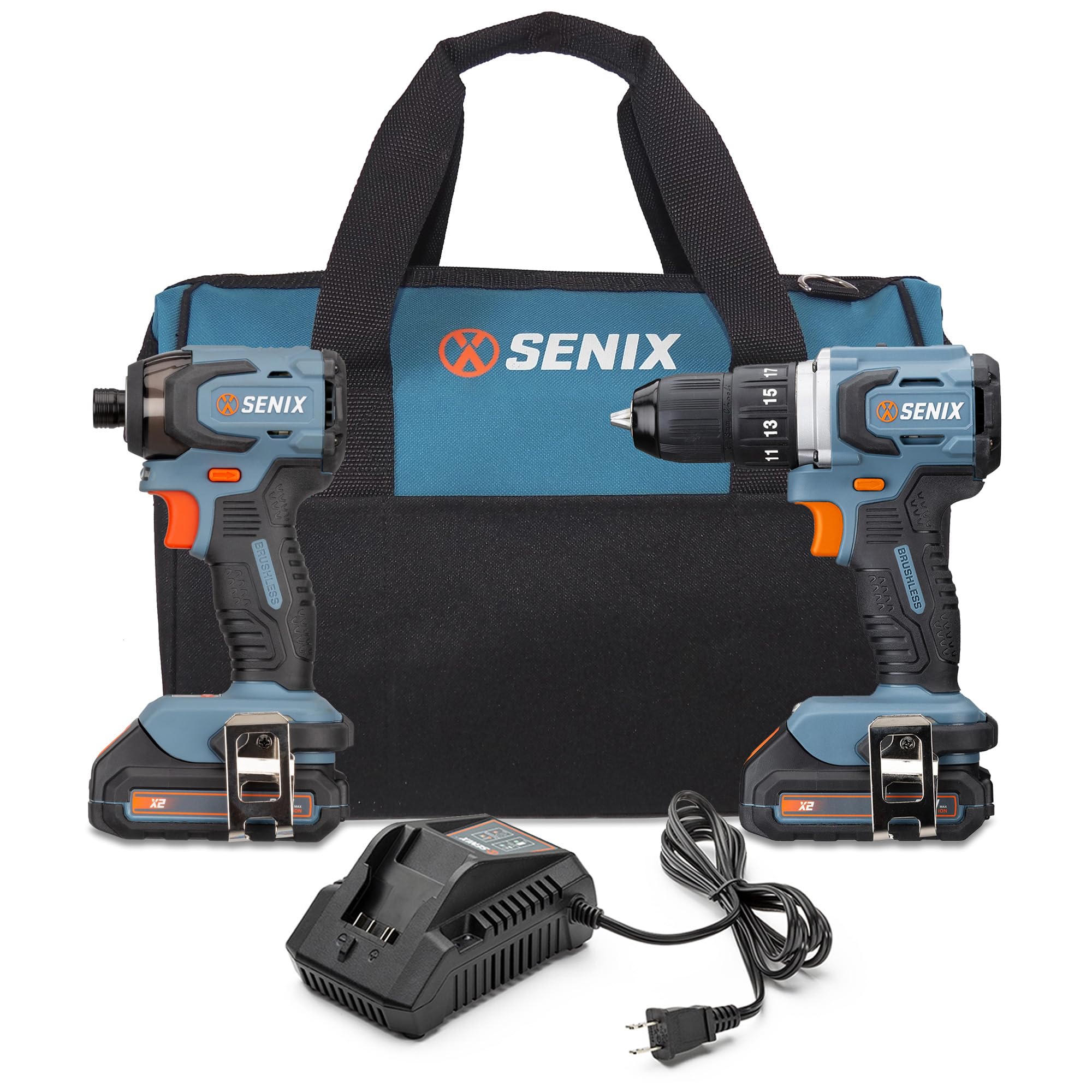 Photo 1 of SENIX X2 20 Volt Max* 2-Piece Cordless Power Tool Kit with Battery Powered 1/2-Inch Drill Driver and 1/4-Inch Impact Driver, Includes Storage Bag, 2 2.0 Ah Batteries & Charger (S2K2B2-01)
