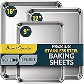 Baker’s Signature Stainless Steel Cookie Sheet Pan, Stainless Steel Baking Sheet Set of 3, Mirror Finish, Non-Stick, Rust Resistant, BPA Free, Dishwasher Safe, 9/12/16 Inch