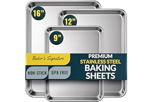 Baker’s Signature Stainless Steel Cookie Sheet Pan, Stainless Steel Baking Sheet Set of 3, Mirror Finish, Non-Stick, Rust Res