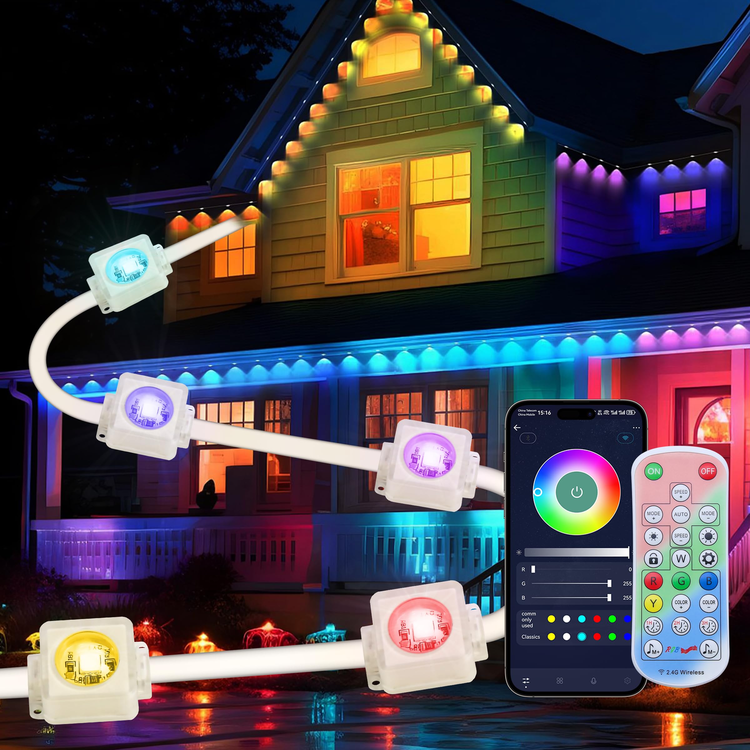 Photo 1 of ***(PARTS ONLY/ NON FUNCTIONAL)***Qeeanmo Permanent Outdoor Lights for House,60ft Smart Eave Light with 36 LED,DIY RGB+IC Outdoor Lights for Christmas Party Daily Decorations,IP67,Alexa & Google Assistant Compatible