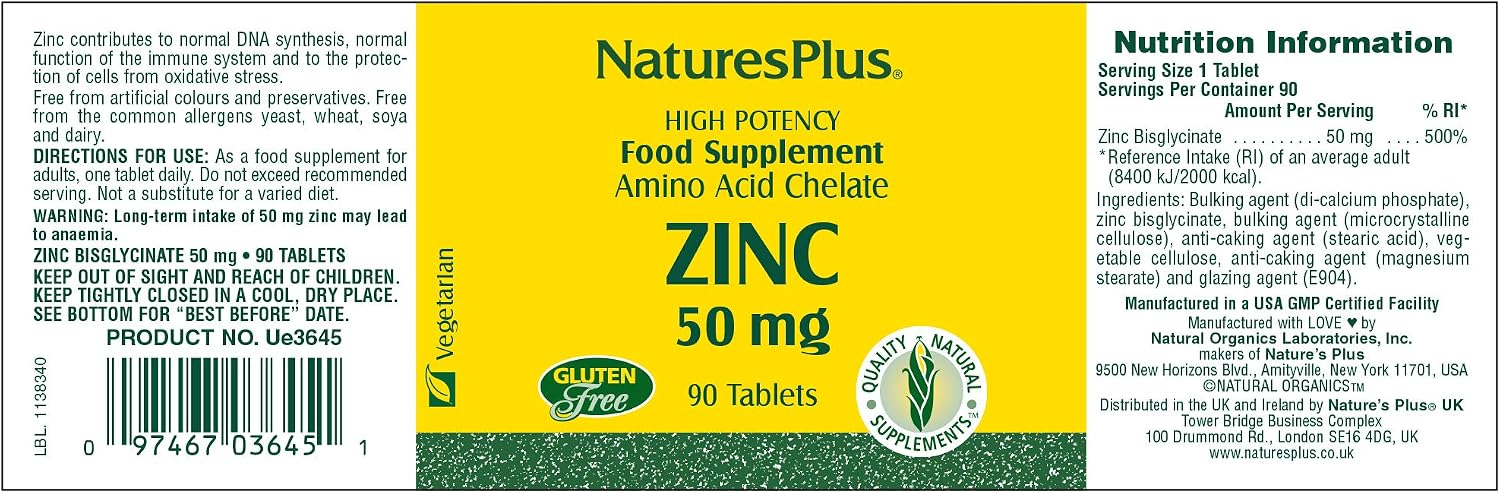 NaturesPlus Zinc Tablets 50mg, Highly Bioavailable Zinc Bisglycinate, Immune Support, Skin, Hair, Nails, Fertility and Focus - Image 3