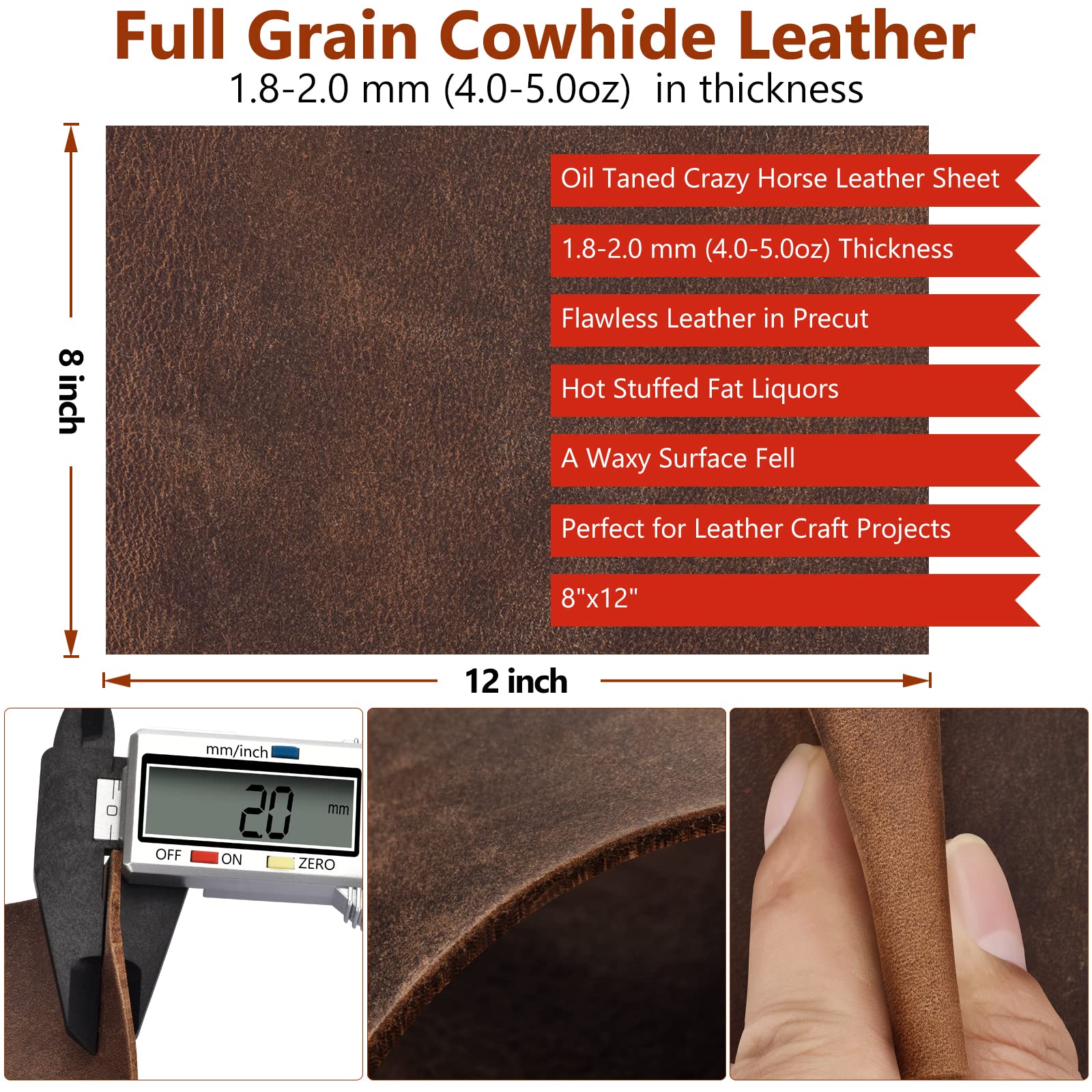 Genuine Leather Tooling Sheets 1.8-2.0MM Thick Genuine Top Full Grain Oil Tan Crazy Horse Cowhide Leather Sheets for Crafts Tooling Sewing Wallet Earring Hobby (Black Brown, 8