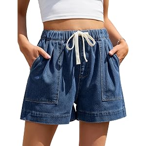 Eddoyee Jean Shorts for Women High Waisted Drawstring Pull On Denim Shorts | 4 Patch Pockets | 3-4 In Inseam | Wide Leg Cut |