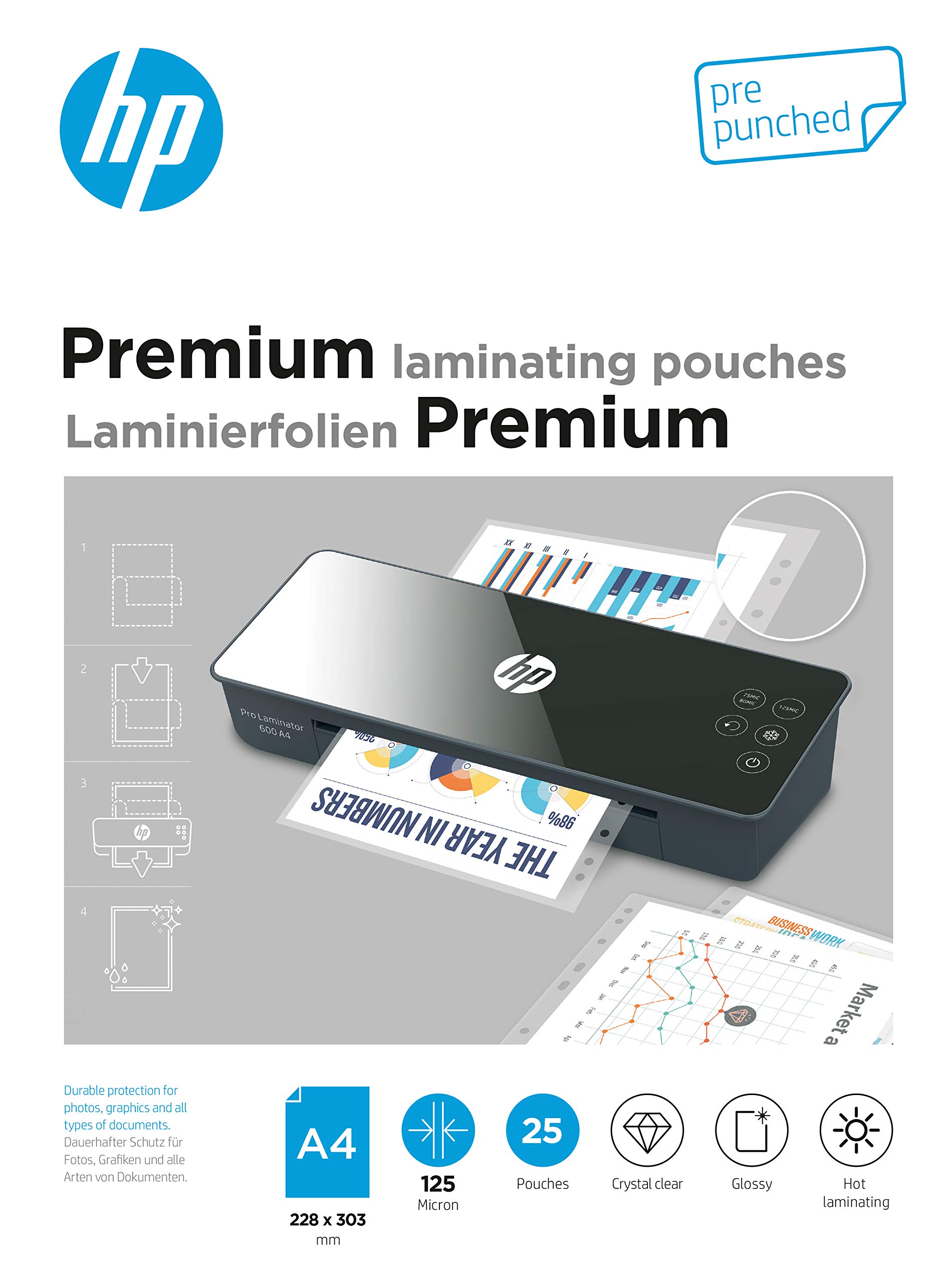 HP Pre-Punched Premium Laminating Pouches, A4, 125 Micron, Pack of 25