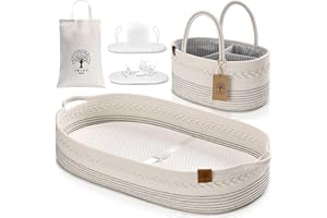 J&JOO Baby Changing Basket Includes Diaper Caddy - Breathable & Waterproof Dual-Cover, Portable, Changing Pad for Dresser & Changing Table, Gift for Baby Shower, Cotton Rope Basket for Baby