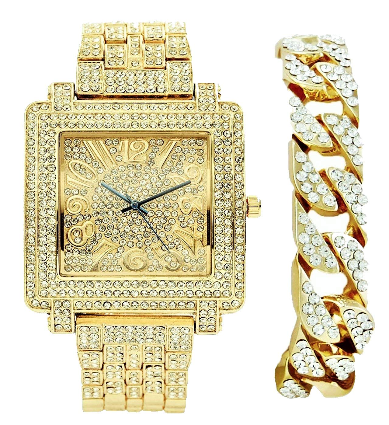 Biggie Bling-ed Out Easy Reader,Arabic #'s on Dial of Square Unisex Watch,Perfect for Men & Women wanting to be on point,Set Includes Bling-ed Out Gold Cuban Bracelet,ST10246GB -Cuban, gold, mens