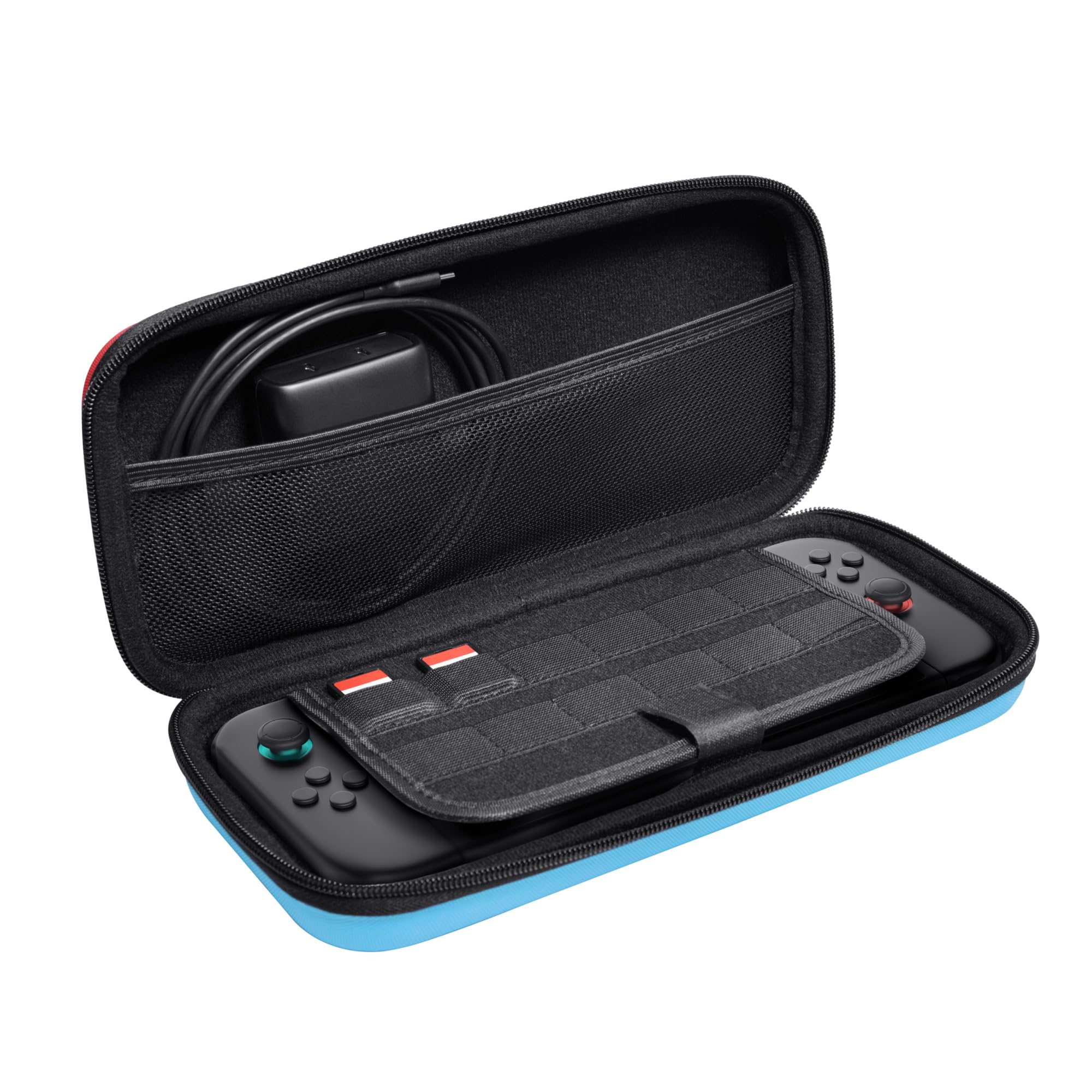 GXTrust 1251RB Tasche für Nintendo Switch 2, Switch Hülle mit Stoßfeste Design, Tragegriff, Aufbewahrung für 4 Joy-Con, Schutzhülle mit Tasche für Handgelenksriemen und 12 Spiele, Rot / Blau 5