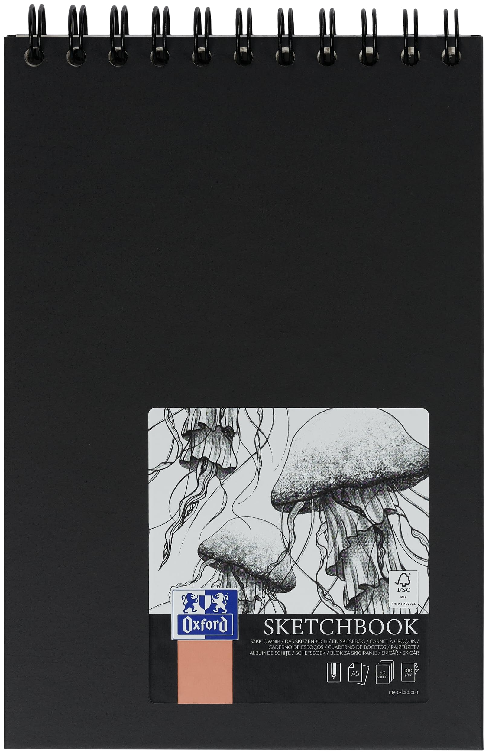Oxford Sketch Pad A4 Hard Cover with Spiral Bound, 100 Pages, 100 g Paper, Black, Pack of 1