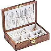 EURIELK Wooden Jewelry Box for Women, Lockable Medium Size Natural Solid Walnut Wood Vintage Trinket Organizer with Large Storage, Ring Compartments, Built in Necklace Hooks, ek09-m-walnut
