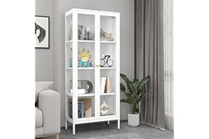 Kubohogar Display Cabinet with Glass Doors, 66" Curio Cabinet with 3 Ajustable Shelves, 4 Tier Display Case for Collectibles, Bookcase with Doors for Living Room