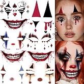 FANRUI 9 Sheets Evil Clown Face Temporary Tattoos Scary Bloody Mouth Tattoos Halloween Face Makeup Sticker, Realistic Fangs Bucktooth Fake Tattoos For Adult Halloween Costume Rave Party Favor Supplies