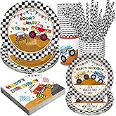 Recheel Monster Truck Party Supplies Decorations, Kids Birthday Paper Plates and Napkins Set with Cups and Straws for 24 Guests, 120 Pcs Disposable Party Dessert Dinnerwares