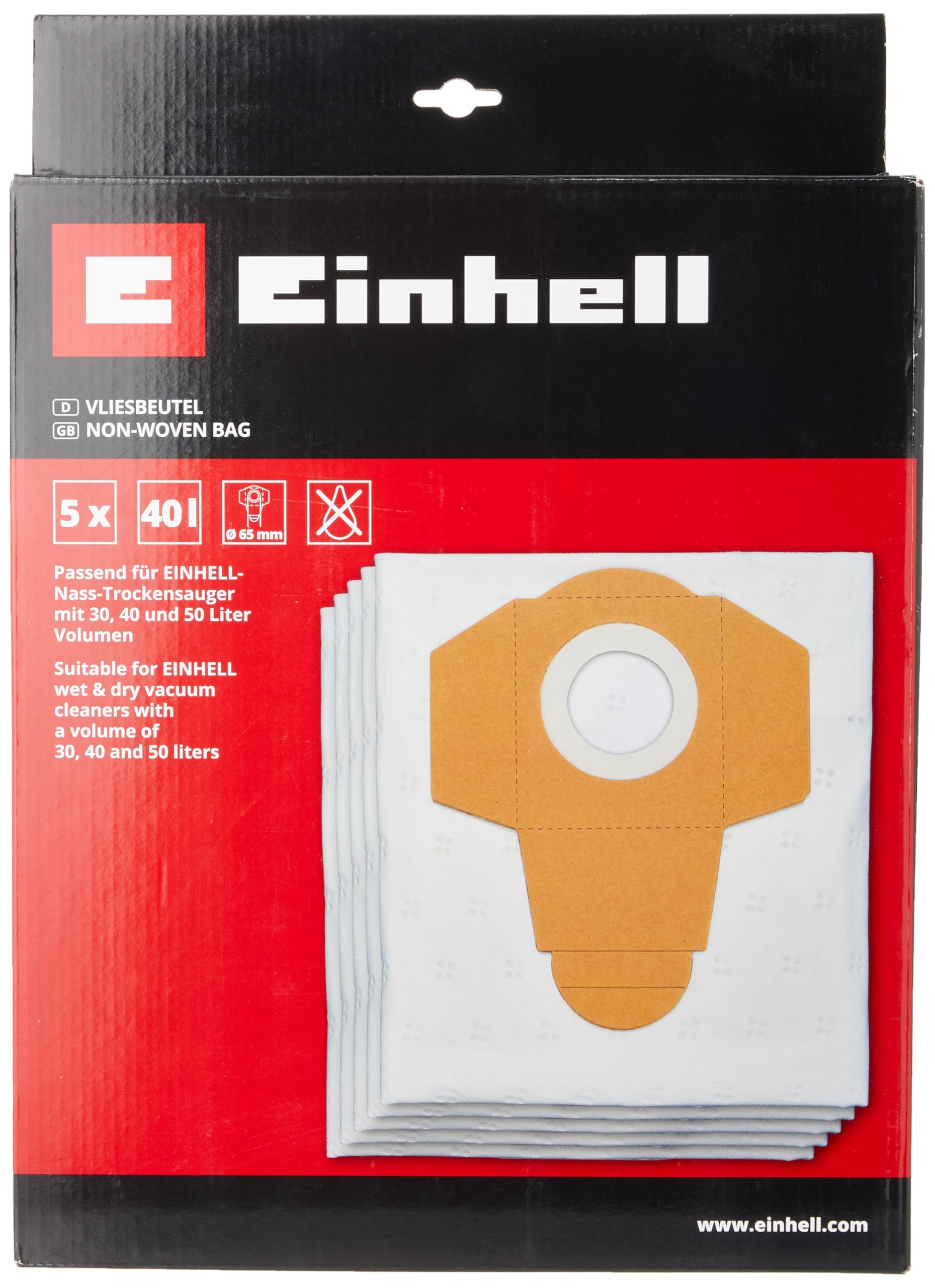 Original Einhell fleece dirt collection bag, 40 L (suitable for Einhell wet-dry vacuum cleaners with container volume of 40 litres, pack of 5)