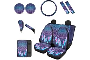 BIGCARJOB Full Set of 12 Pack Dream Catcher Printed Car Accessories-Dream Catcher Car Seat Covers Back Seat Protector,Steering Wheel Cover, Armrest Cover, Seat Belt Pads, Shift Knob Cover,Coasters