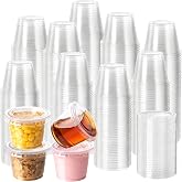 HOMIP 100PACK 1oz Plastic Portion Cups with Lids, Condiment, Jello Shot Cup | Mini Cups for Portion Control, Salad Dressing Cups, Airtight and Stackable Sauce Cups for Party, Holiday and Daily Use