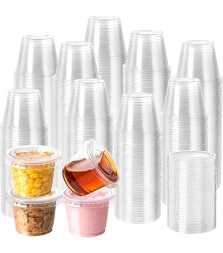 Amazon.com: 1 oz Containers with Lids | Disposable Plastic Jello Shot Cups  | Small Clear Plastic Condiment Cups For Sauce, Souffle, Salad Dressing,  Portion Control, Pack of 100: Industrial & Scientific