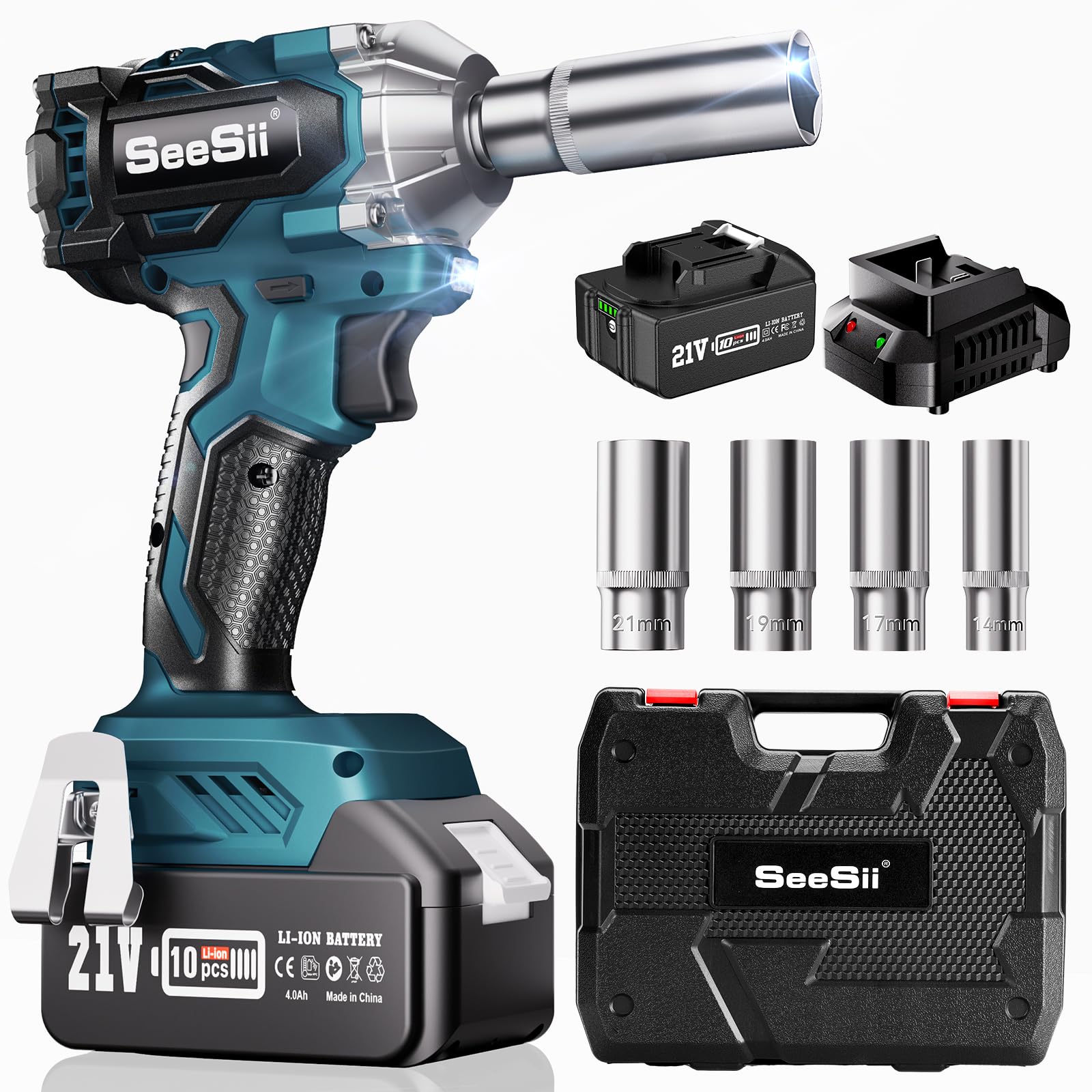 Photo 1 of Seesii 3/8" Cordless Impact Wrench, Power Impact Gun w/Max Torque 330Ft-lbs(450N.m), 4.0Ah Rechargable Battery & 4 Sockets, Compact Power Impact Wrench for Lightduty Work Car Home,WH450