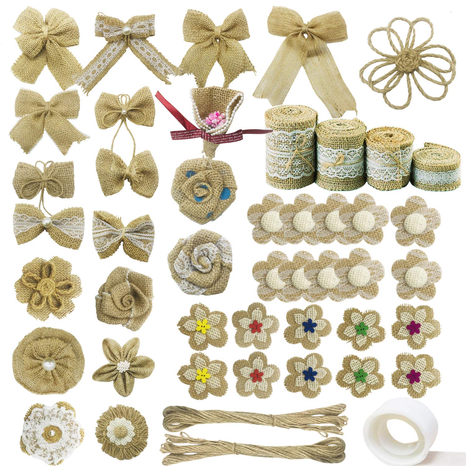 Allazone 47 PCS Natural Burlap Flowers Set, 4 Rolls Lace Burlap Ribbon and 40 PCS Handmade Burlap Rose Flowers, Twine Ribbon and Glue Point for DIY Craft Wedding Party Gift Decor (Style 3)