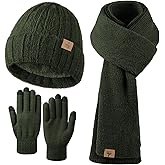 Winter Beanie Hat Scarf Gloves, Warm Fleece Knit Hat Long Scarf Neck Warmer Touch Screen Winter Gloves Set Gifts for Women