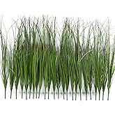 LUZOGA 24 Bundles Artificial Grass Plants Outdoor Tall Faux Shrubs Greenery Stems Fake Onion Grasses Wheat Grass UV Resistant Faux Bushes Plant for Garden Indoor Office Home Decor(Red-Tipped Green)