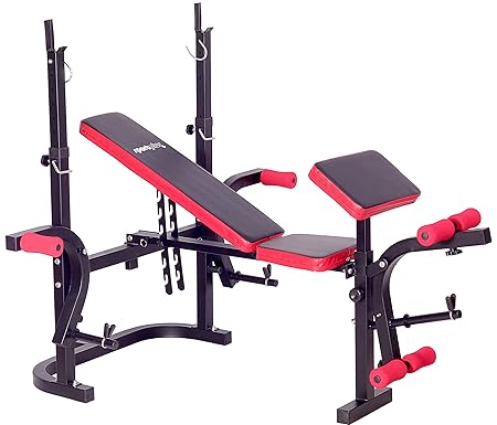 SportPlus Klappbare Hantelbank, Langhantelablage, Butterflyarme, Beincurler, Curlpult, optional mit Latzug, verstellbare Rückenlehne, Nutzergewicht bis 100 kg