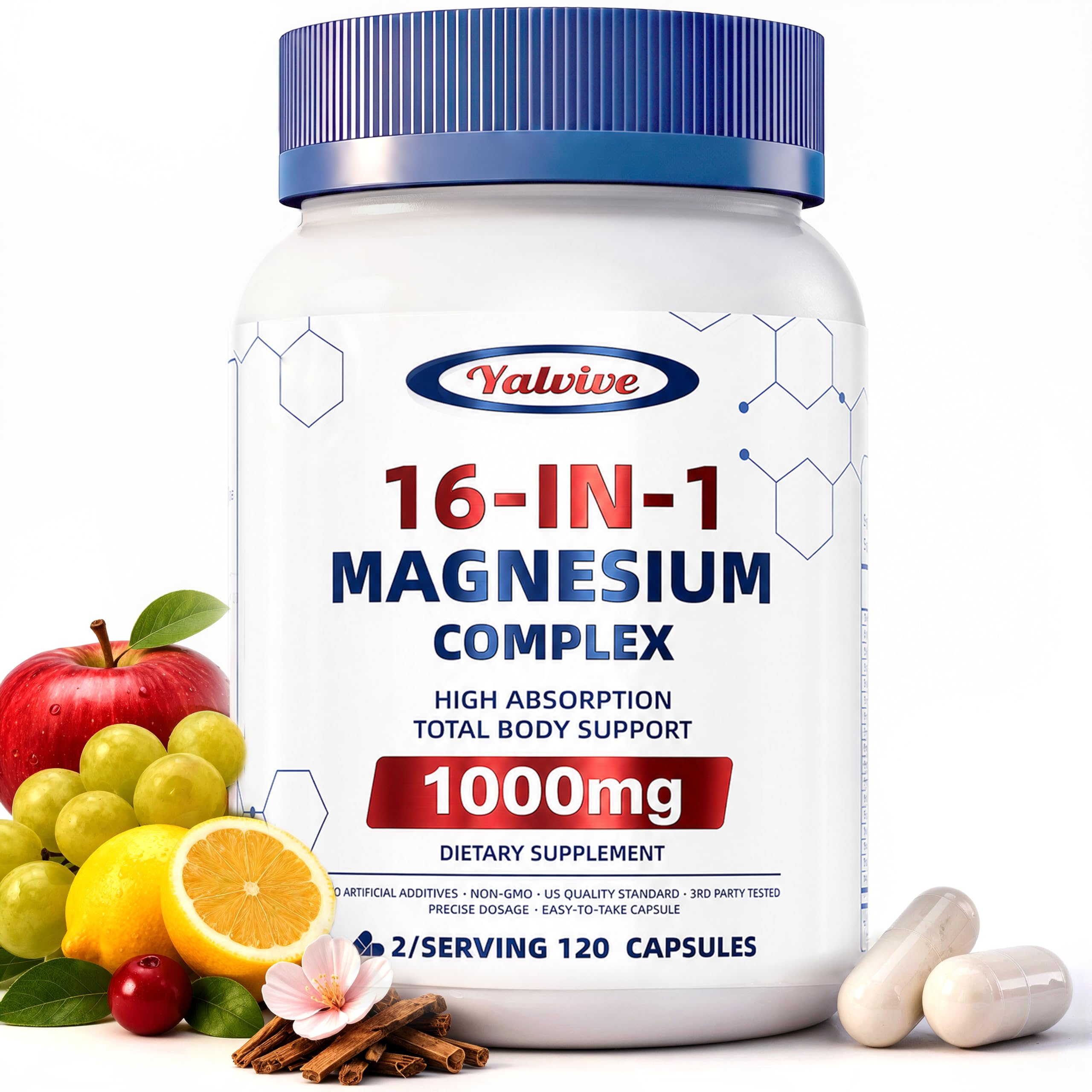 1000mg Magnesium Complex for Women & Men, 16 in 1 High Absorption | Glycinate, Citrate, Malate, Taurate | Sleep, Nerve, Heart, Bone, Muscle & Energy | Non-GMO, Gluten-Free, 120 Capsules