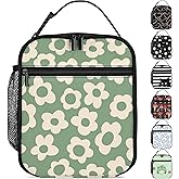 Vintage Groovy Flowers Lunch Box Girls Boys Insulated Lunch Bag Reusable Lunchbox with Side Pocket,Cute Lunch Box for Girls Boys,Waterproof Lunch Tote Bag for Women Men Kids Work Office School Picnic