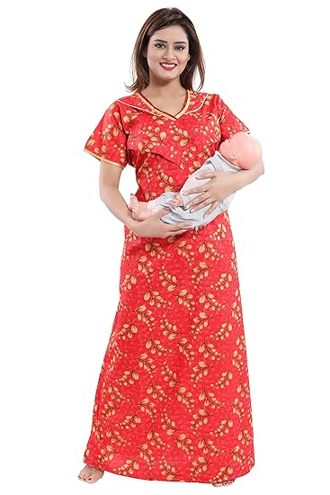 Women's Cotton Fabric Beautiful Print V-Pattern Feeding/Maternity/Nursing Nighty