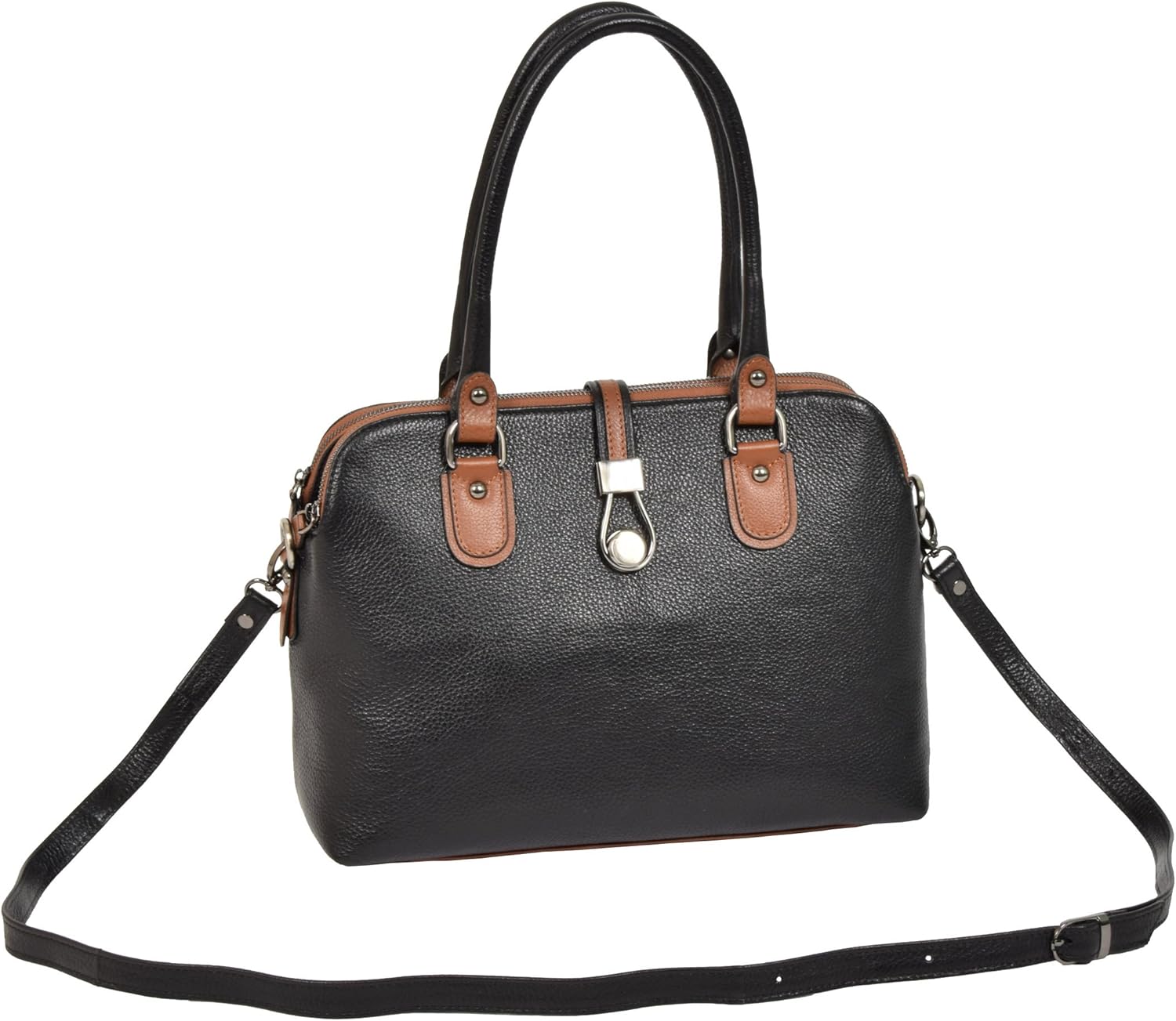 Womens Real Black Leather Bag Multi Zip Top Designer Dress Shoulder