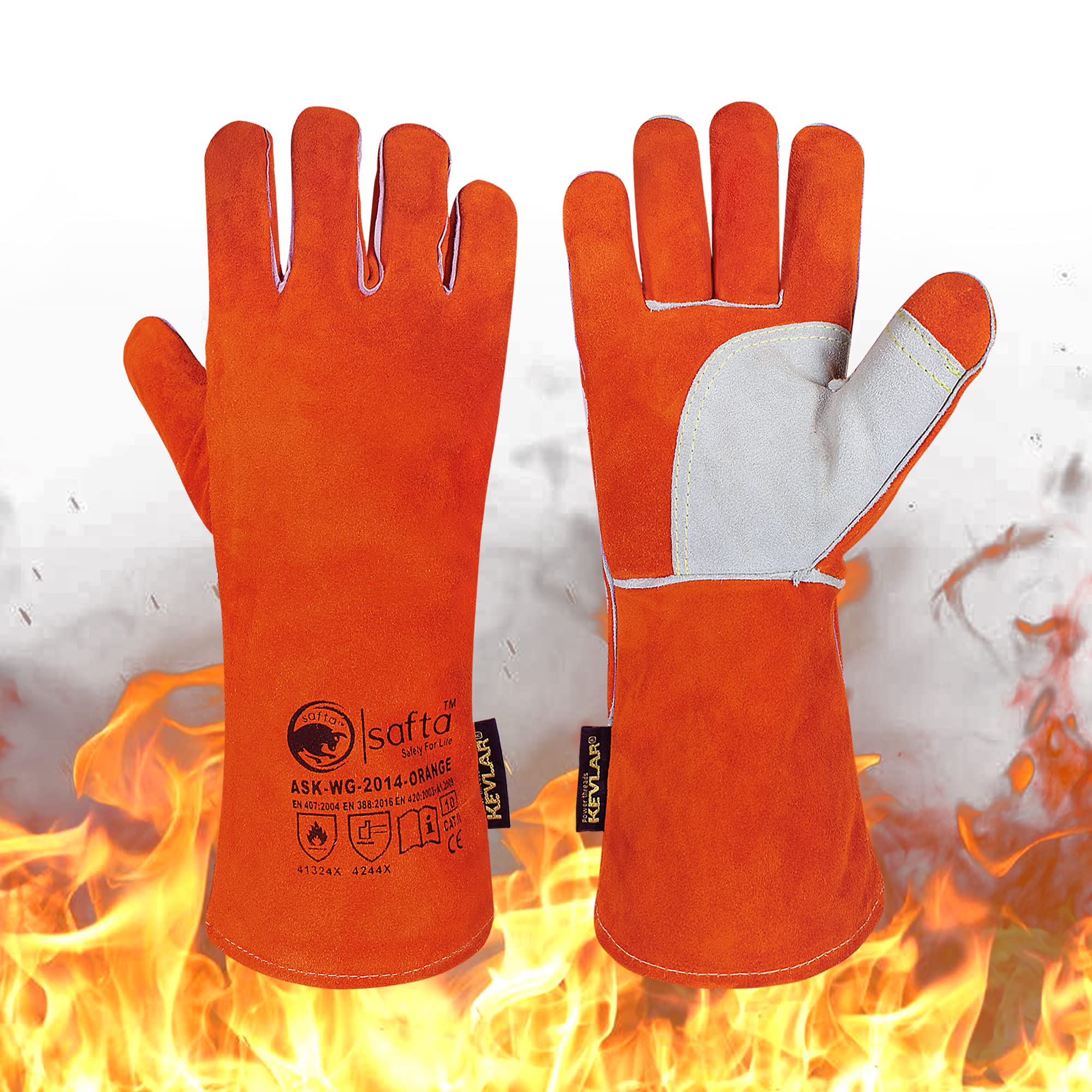 SAFTA Extreme Heat Resistant Gloves, Cow leather with Kevlar Stitching, Ideal Welding gloves for TIG and MIG Welders, Perfect BBQ gloves for cooking in Grill and Oven. (Green) (Orange)