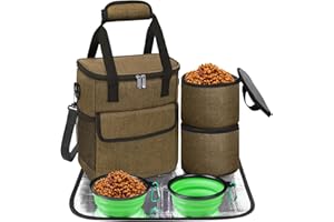 NECKORY Dog Travel Bag for Camping - Pet Travel Accessories with 2 Collapsible Bowls, 2 Food Containers & Waterproof Feeding Mat - Portable Dog Carrier, Coffee (Small)