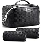 BOYATU Travel Makeup Bag Organizer Cosmetic Bag: 3 Pcs Set Large Capacity Make up Bag with Compartments - Waterproof Leather Toiletry Bags with Handle Travel Essentials Case Gifts for Women (01-Black)