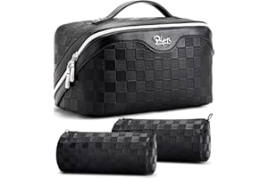 BOYATU Travel Makeup Bag Organizer Cosmetic Bag: 3 Pcs Set Make up Bags for Women with Handle – Waterproof Vegan Leather Toiletry Bags Travel Essentials Pouch with Compartments (01-Black)