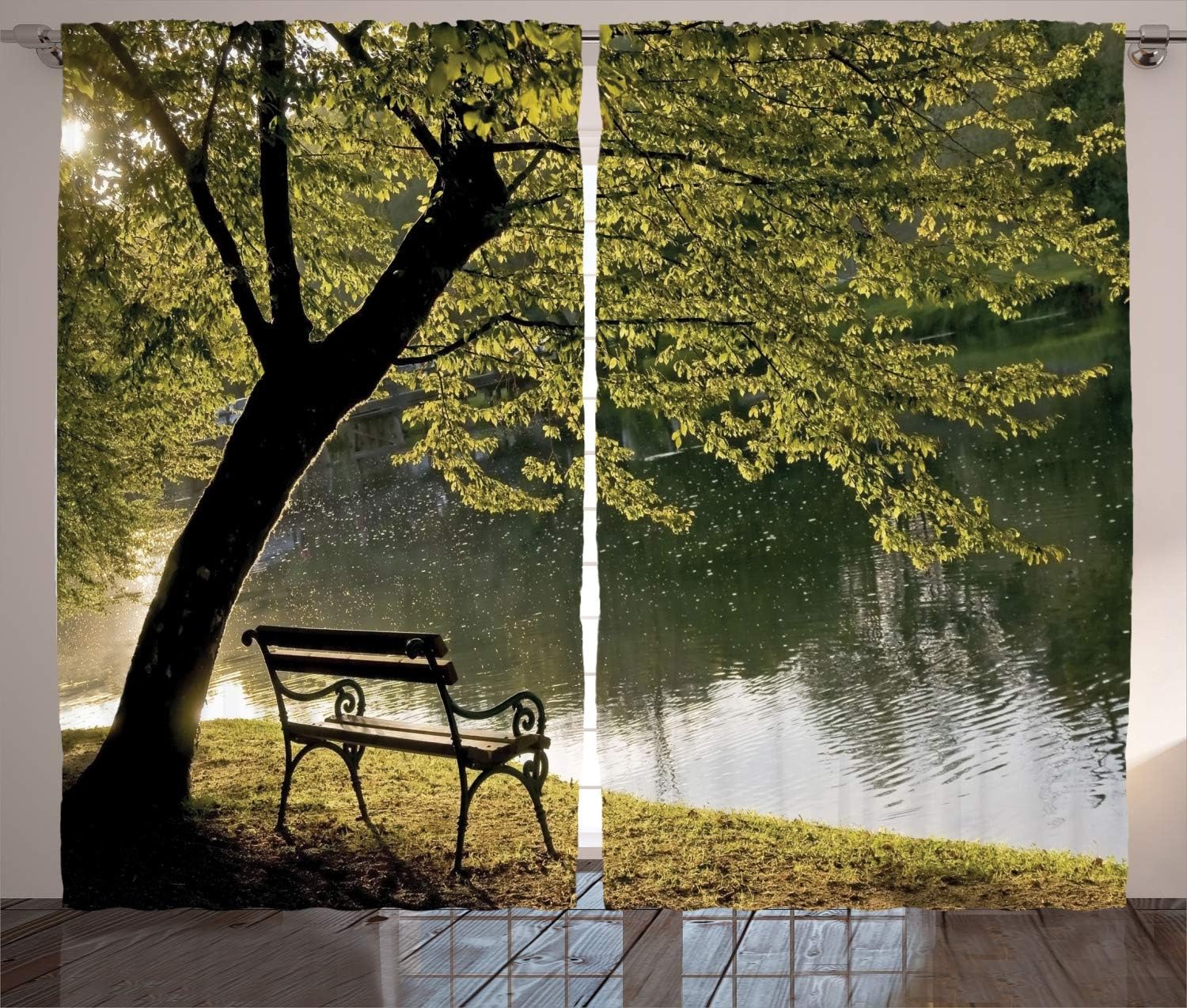 Granja Casa Decor cortinas por Ambesonne, banco en madera árbol por