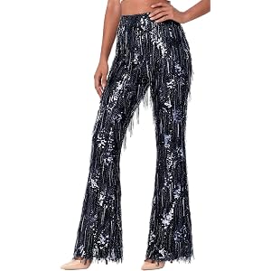 Women's Sequin Flare Pants Fringe Sparkly High Waisted Bell Bottom Disco Rave Party Clubwear Trousers