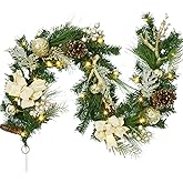 Adeeing 6 FT Christmas Garland with Lights, Pre-lit Outdoor Garland with Battery Operated 20 LED Lights, Holiday Garland with Stars, Flower, Berry Branches(Gold)