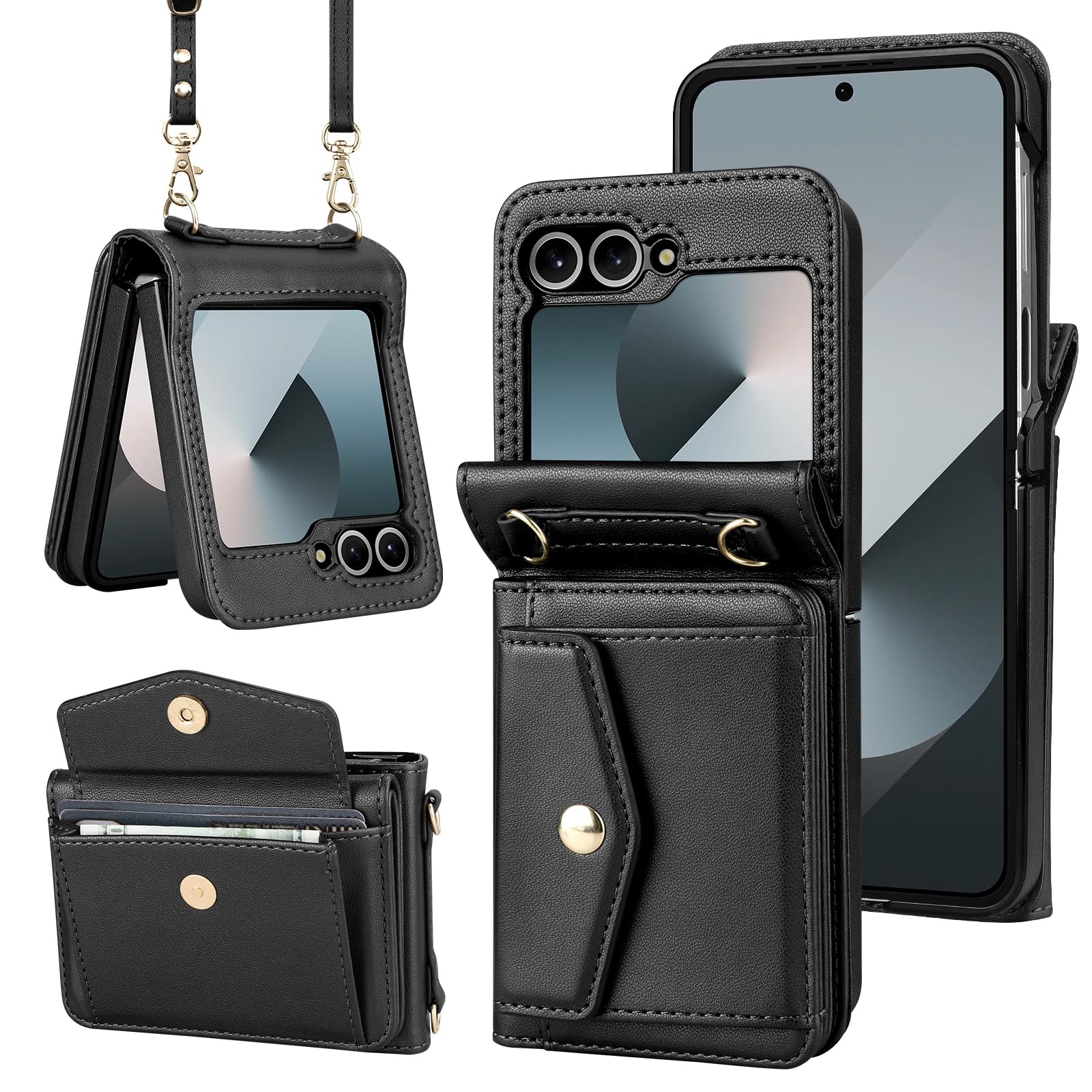 Vofolen for Samsung Galaxy Z Flip 6 Case with Card Holder Slot Crossbody Wallet Cover with Adjustable Strap Magnetic Closure Soft PU Leather Protective zflip6 Phone Purse for Women Girls, Black