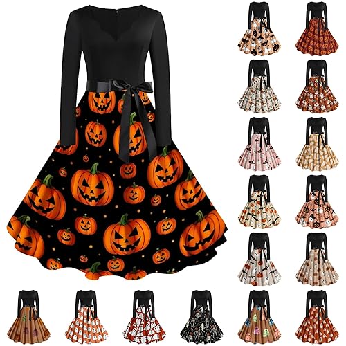 Halloween Dresses for Women Vintage Long Sleeve V Neck Pumpkin Bat Ghost Printed Cosplay Party Costume Elegant Cocktail Swing A-Line Ladies Hepburn Dress